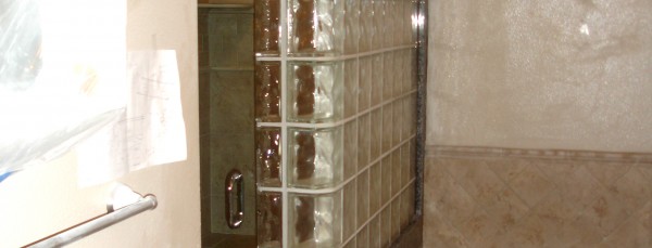 Glass block shower and tub