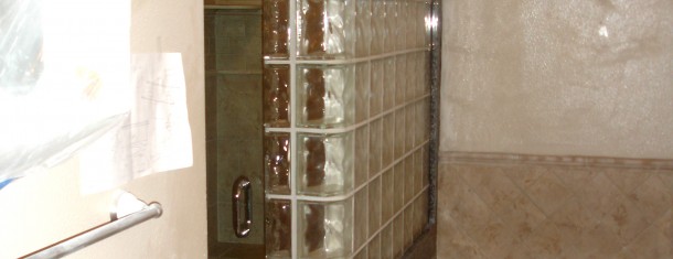 Glass block shower and tub