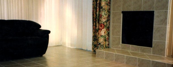 Tiled fireplace and floor